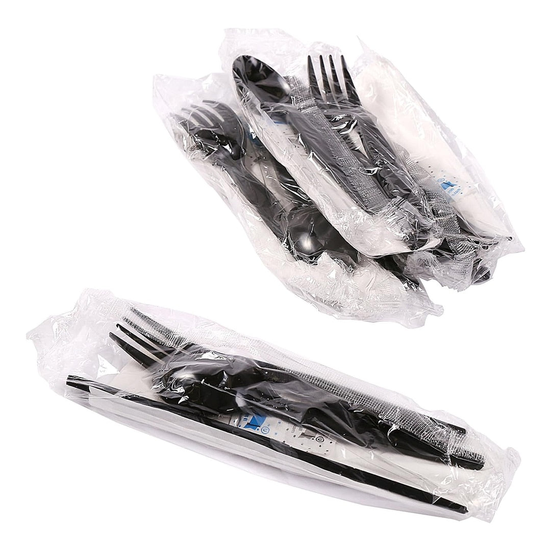 Crystalware SL6PBFKTSPN black cutlery kits in individual clear wrappers