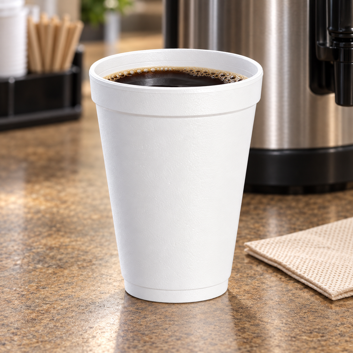Dart 12J12 12 oz insulated foam cup filled with coffee, beverage not included