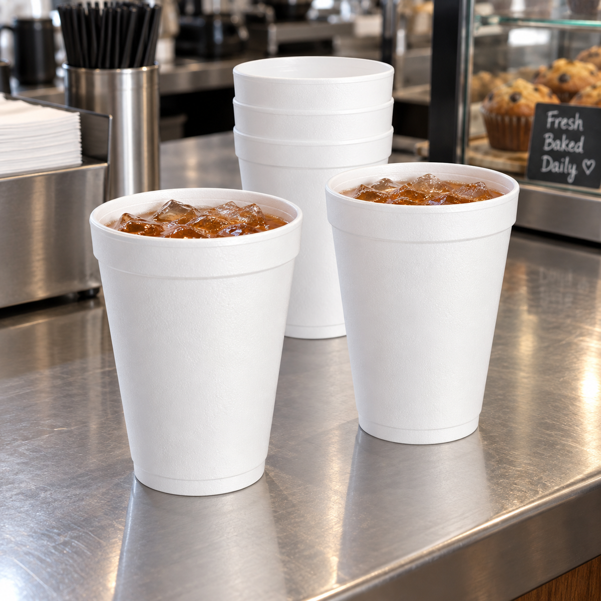Dart 12J12 white foam cups serving iced tea at a cafe counter, beverages not included