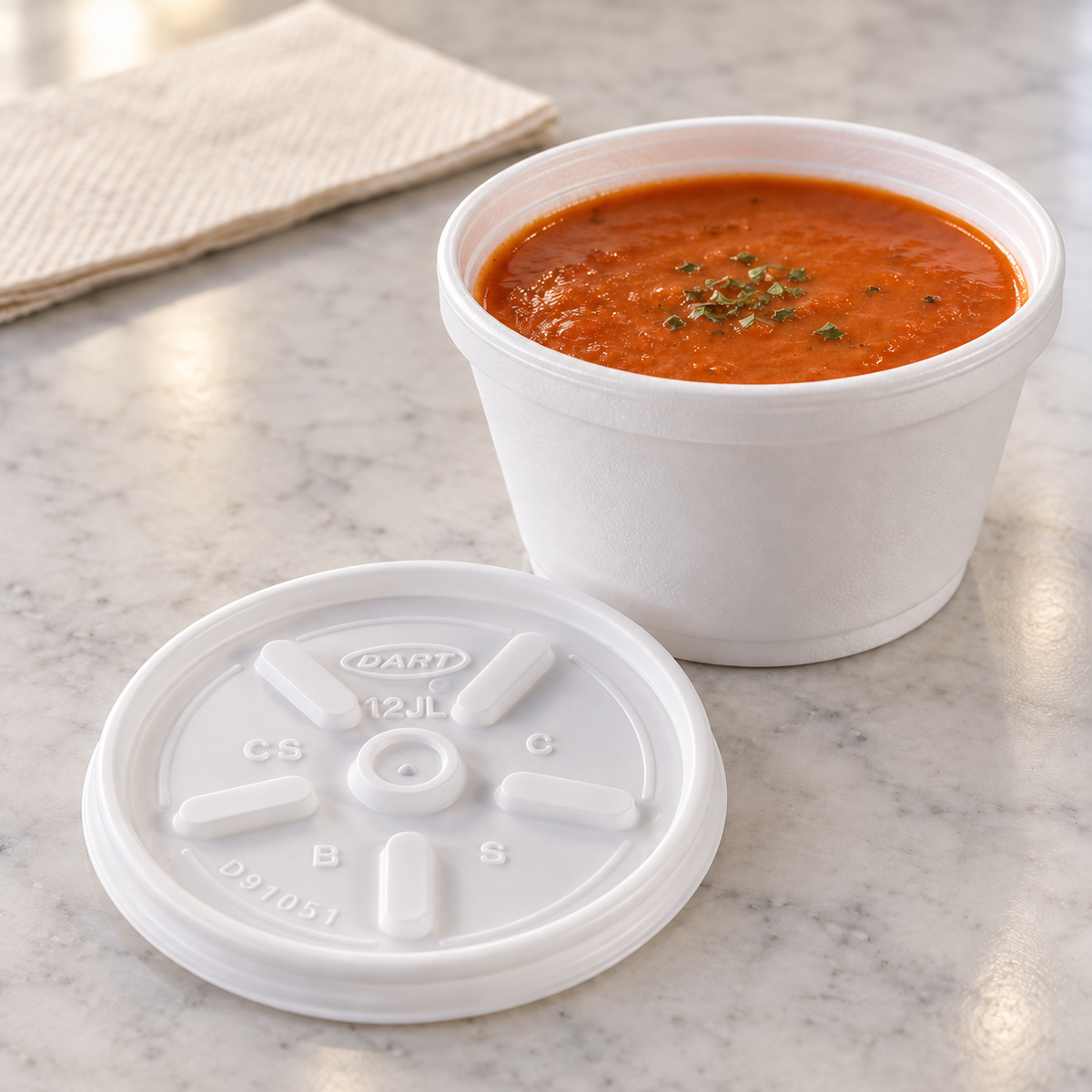 Dart 12JL lid beside a matching 6SJ12 soup container, container sold separately