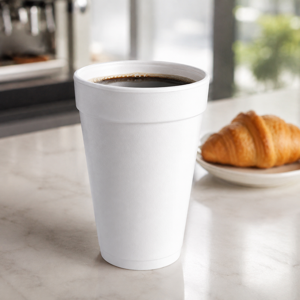 Dart 16J16 white 16 oz foam cup with coffee, AI-assisted service context