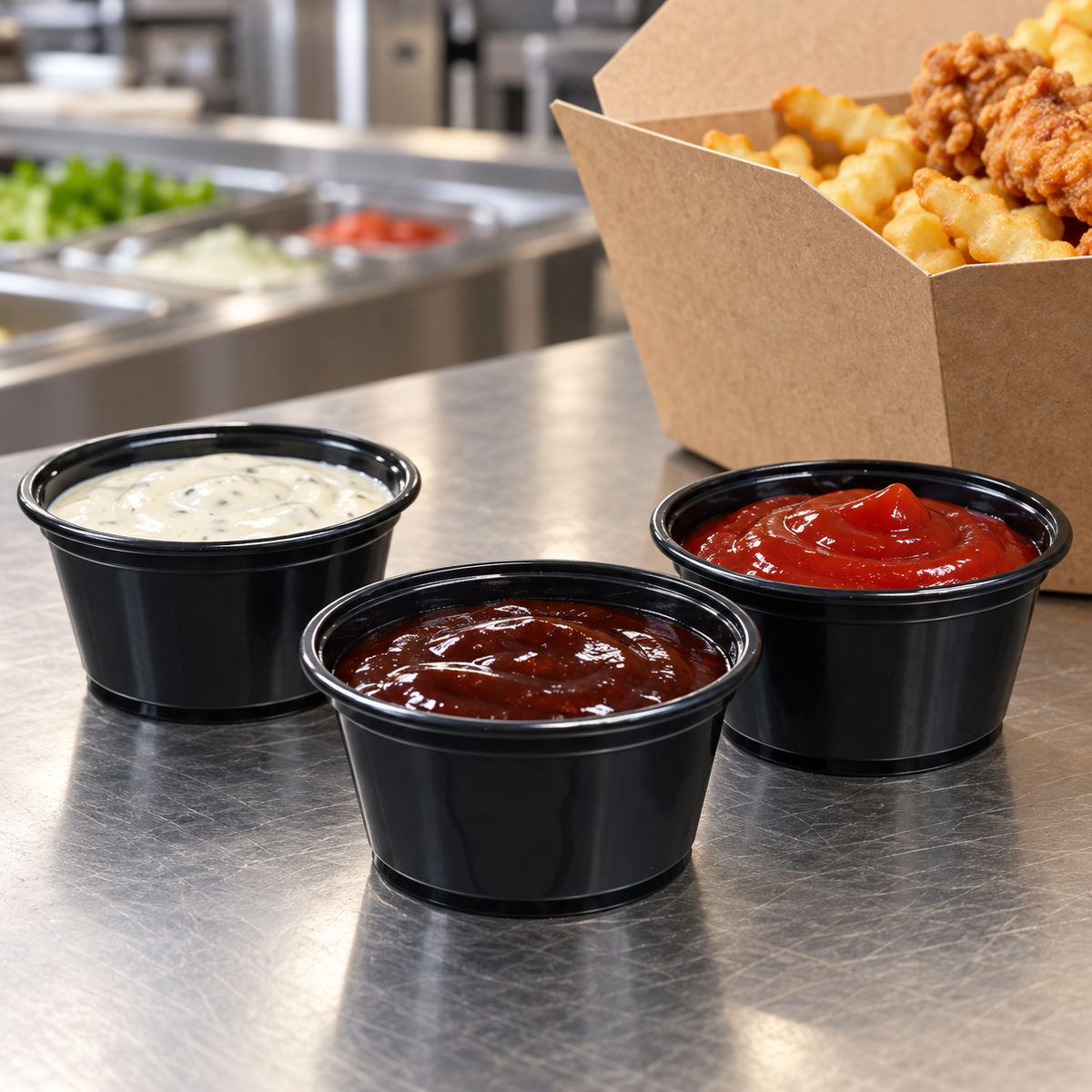 Dart 200PCBLK black sauce cups at a restaurant portioning station; AI-assisted context