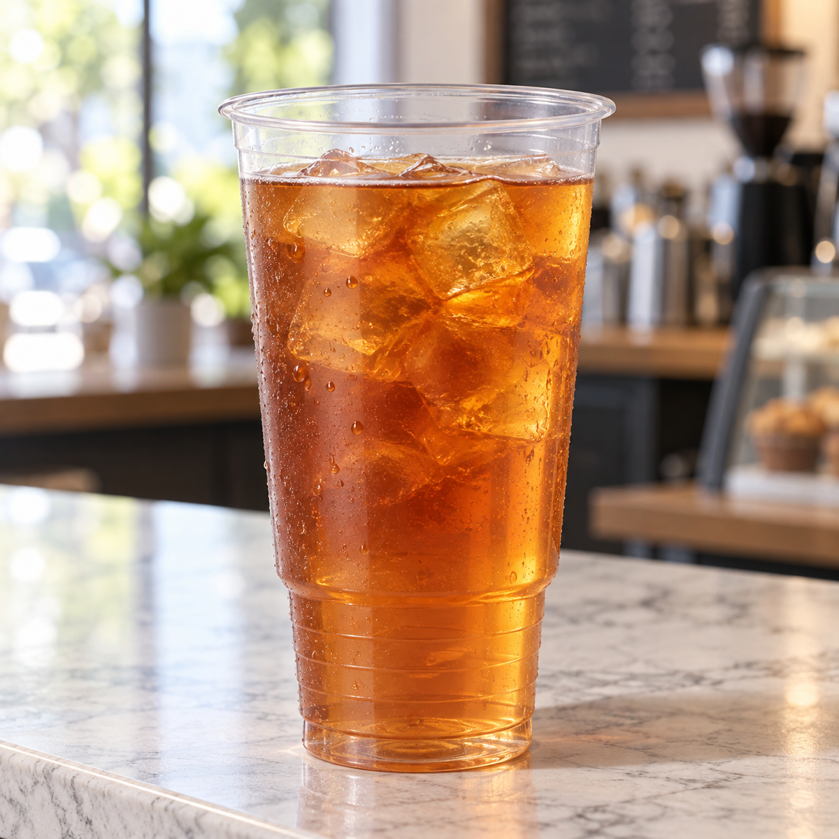 Dart 32P 32 oz clear PP pedestal cold cup filled with iced tea, beverage shown for serving illustration