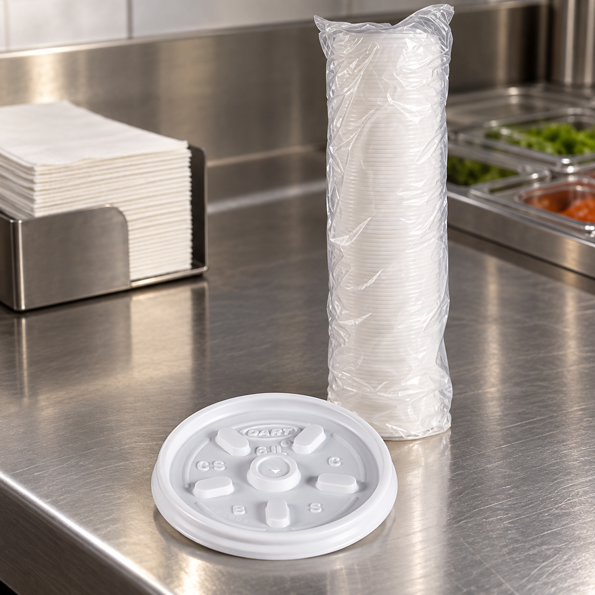 Dart 6JL white lid and wrapped sleeve at a deli packing station; AI-assisted supporting scene