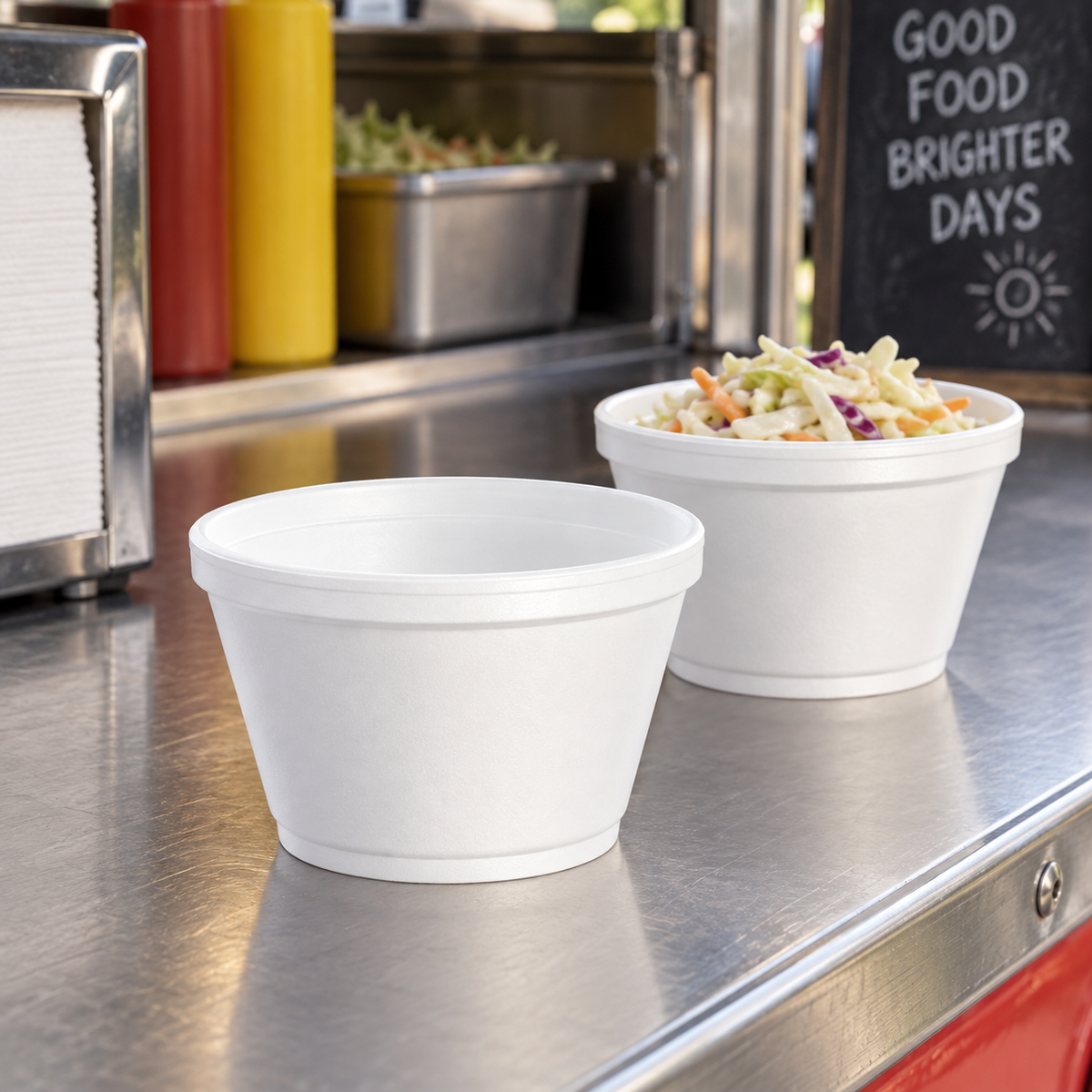 Dart 6SJ12 foam containers at a food-truck serving counter; food and props not included