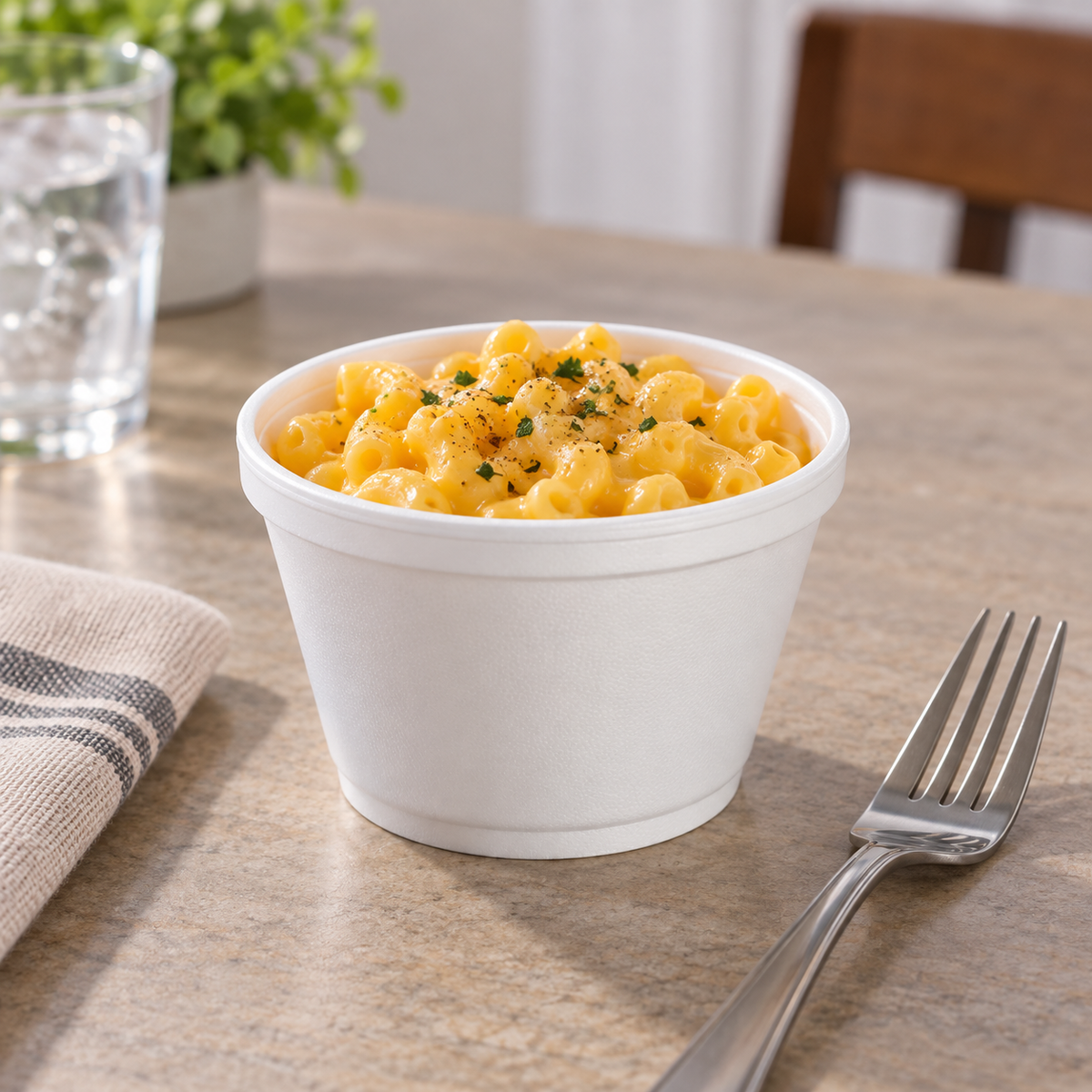 Dart 6SJ12 6 oz white foam container with macaroni and cheese; food not included