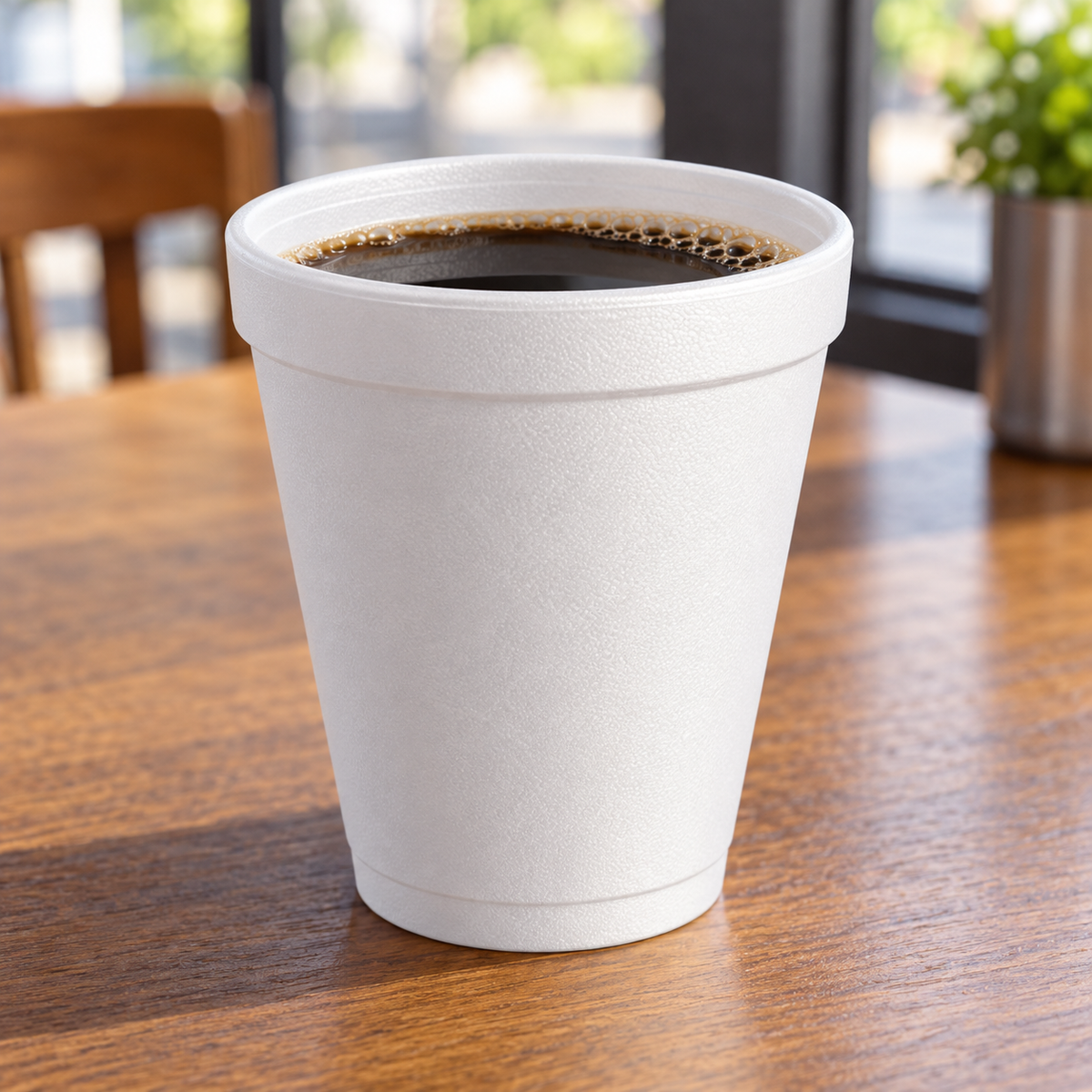 Dart 8J8 8 oz white foam cup filled with coffee on a café table