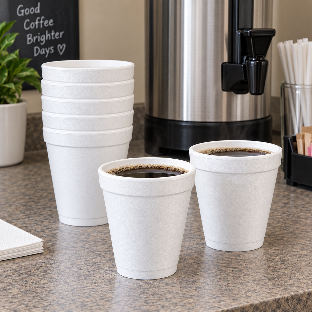 Dart 8J8 white foam cups at an office coffee station