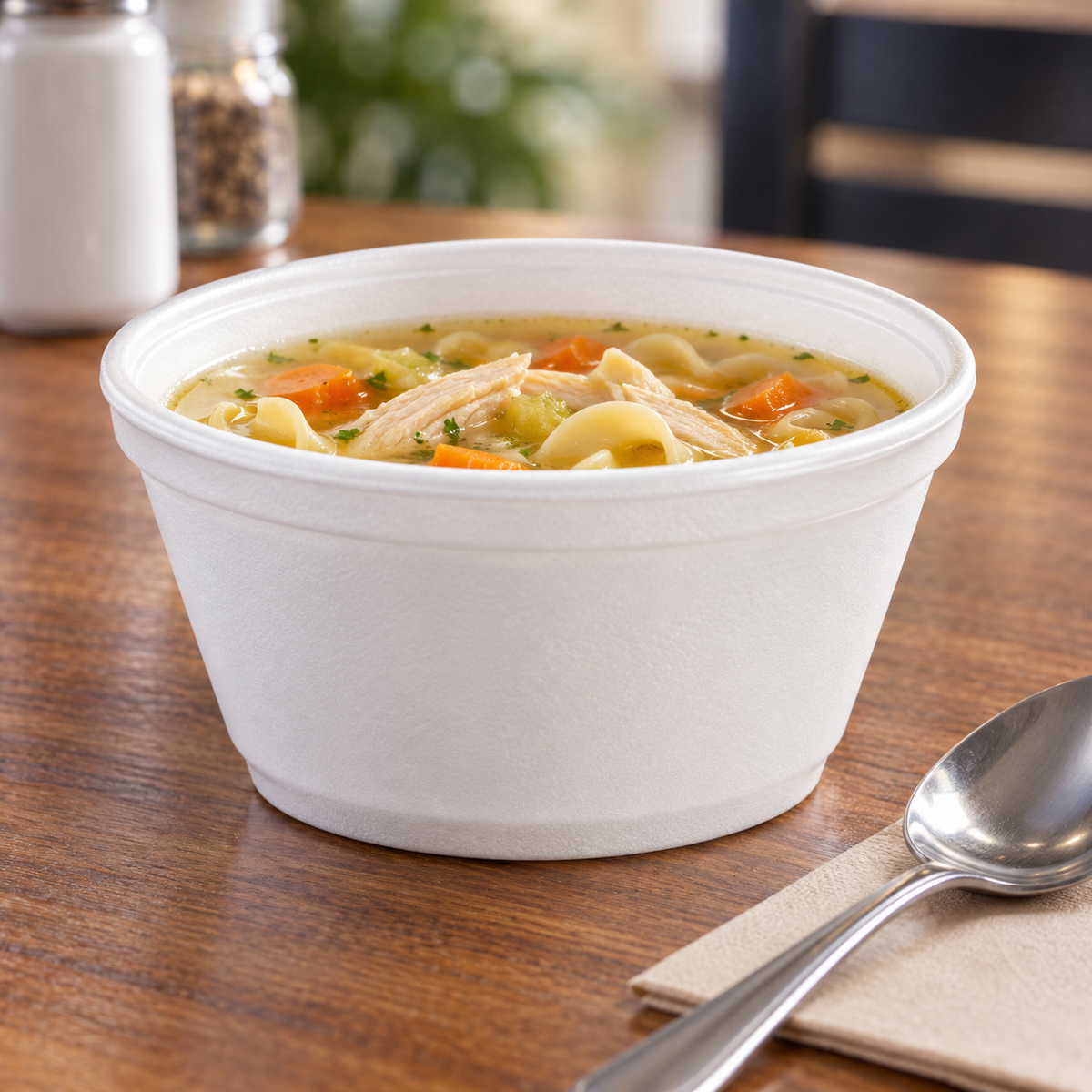 Dart 8SJ20 8 oz white EPS foam food container — soup serving illustration; food not included (AI-assisted)