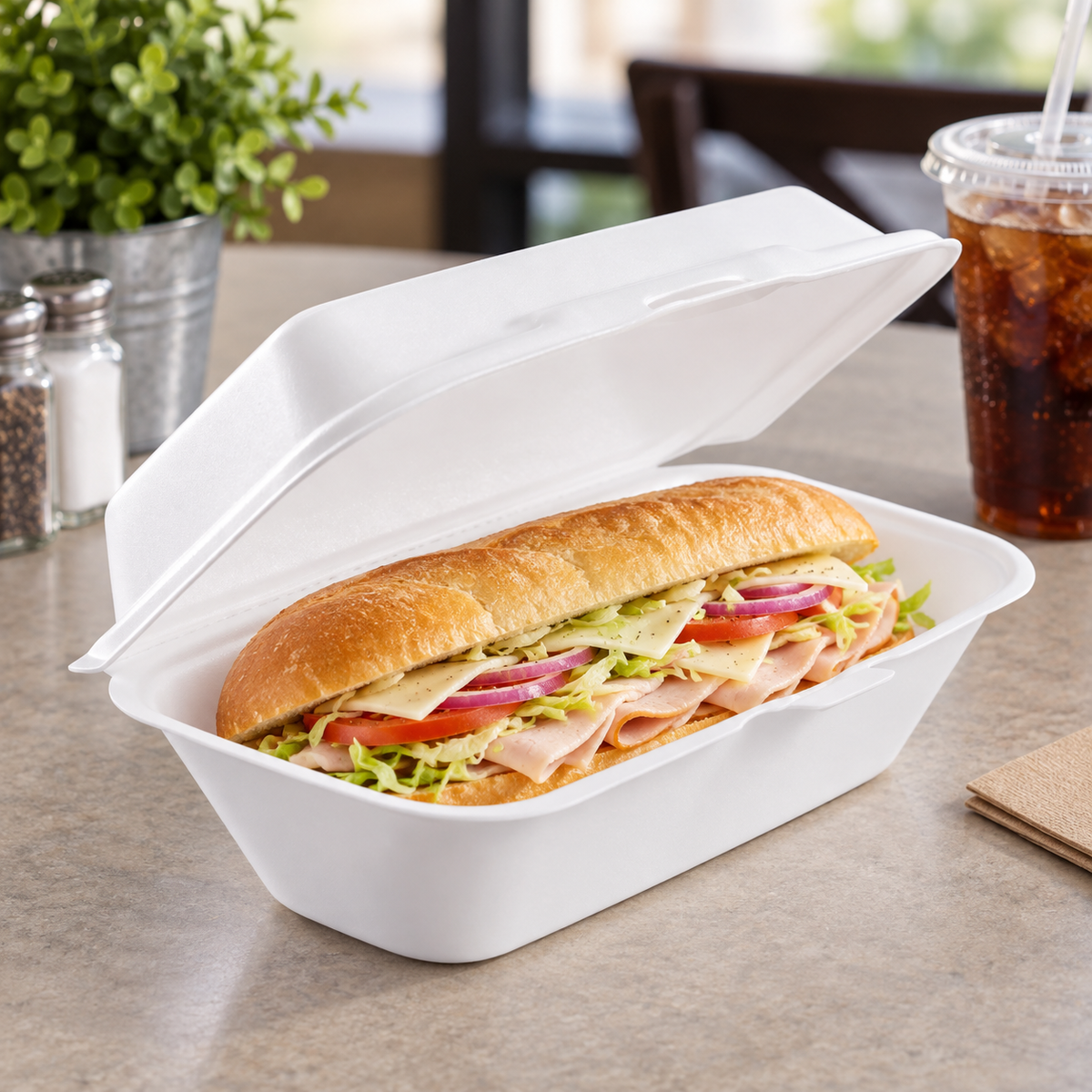 Dart 99HT1R foam hoagie container with sandwich; AI-assisted scene, food not included