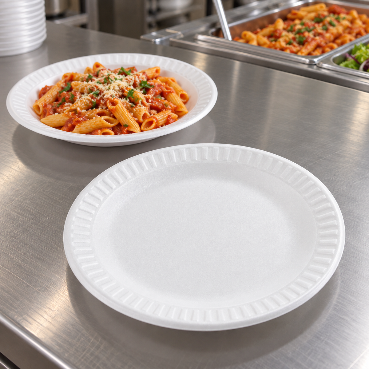 Dart 9PWCR white foam plates at a cafeteria serving counter; food and accessories not included