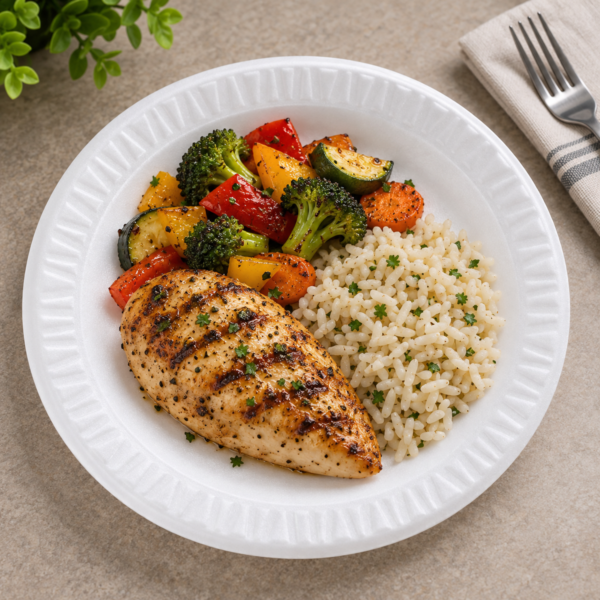 Dart 9PWCR 9 inch white foam plate with chicken, vegetables and rice; food not included