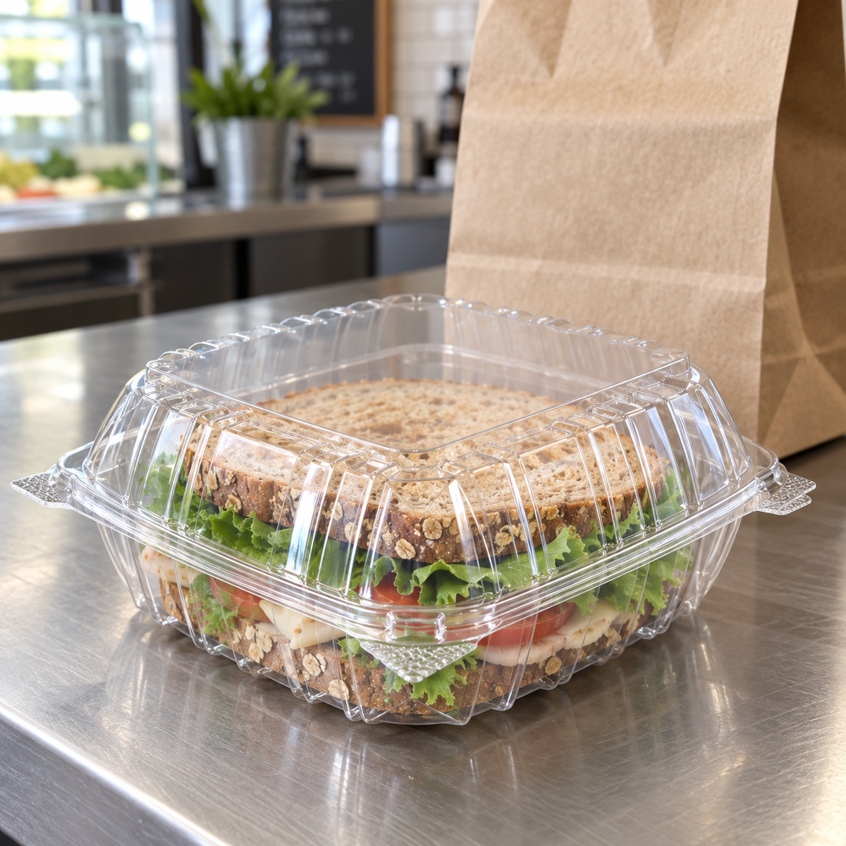 Dart C90PST1 closed ClearSeal sandwich container on a deli pickup counter
