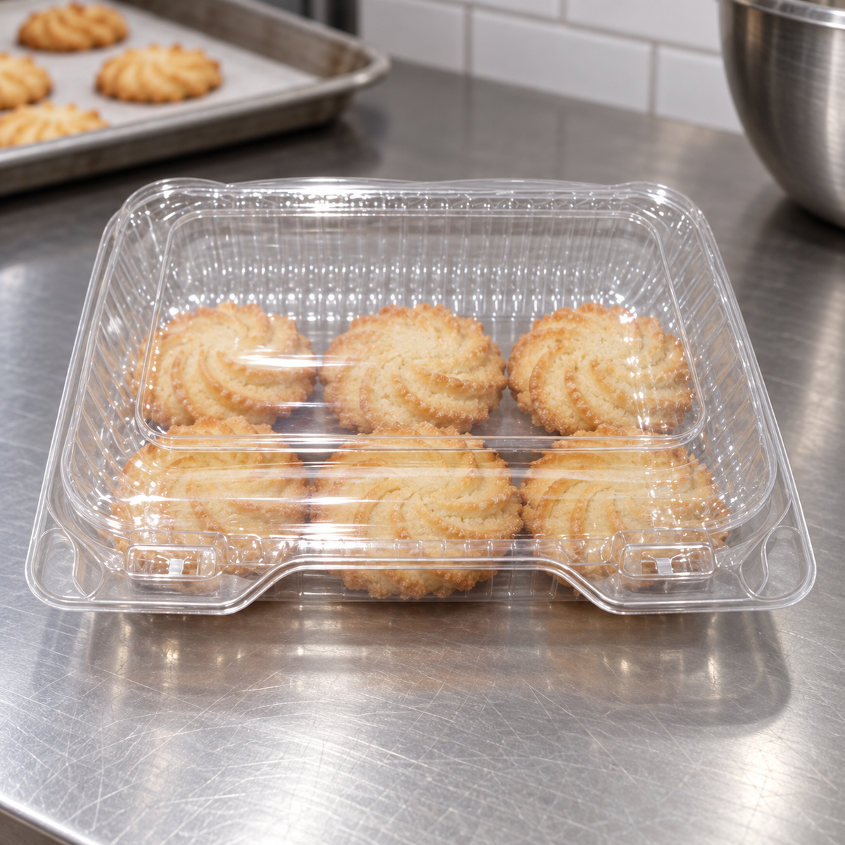 DFI LBH-571 clear OPS hinged container with cookies on a commercial bakery packing counter