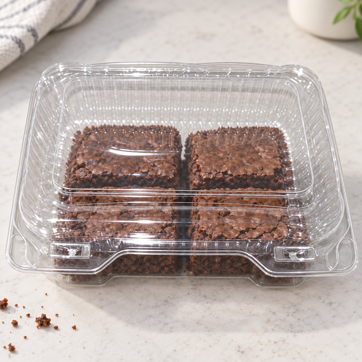DFI LBH-571 clear hinged container holding four brownies to illustrate bakery presentation