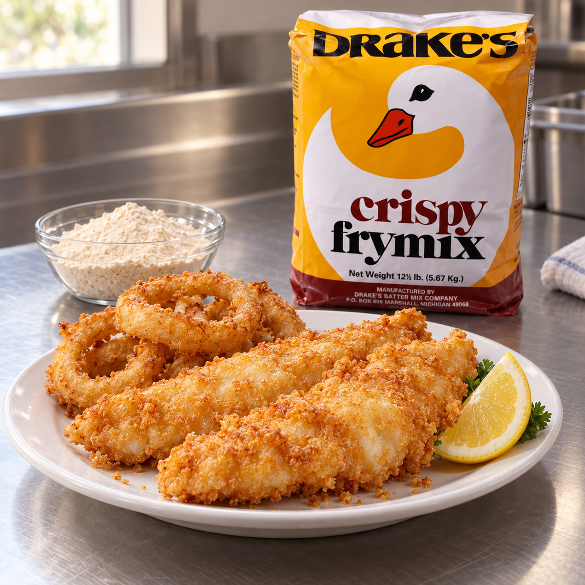 Drake’s Crispy Fry Mix with fried fish and onion rings, serving suggestion; prepared food not included