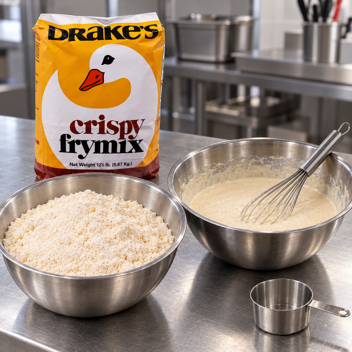 Drake’s Crispy Fry Mix 12.5 lb package with dry breading and prepared batter at a kitchen prep station