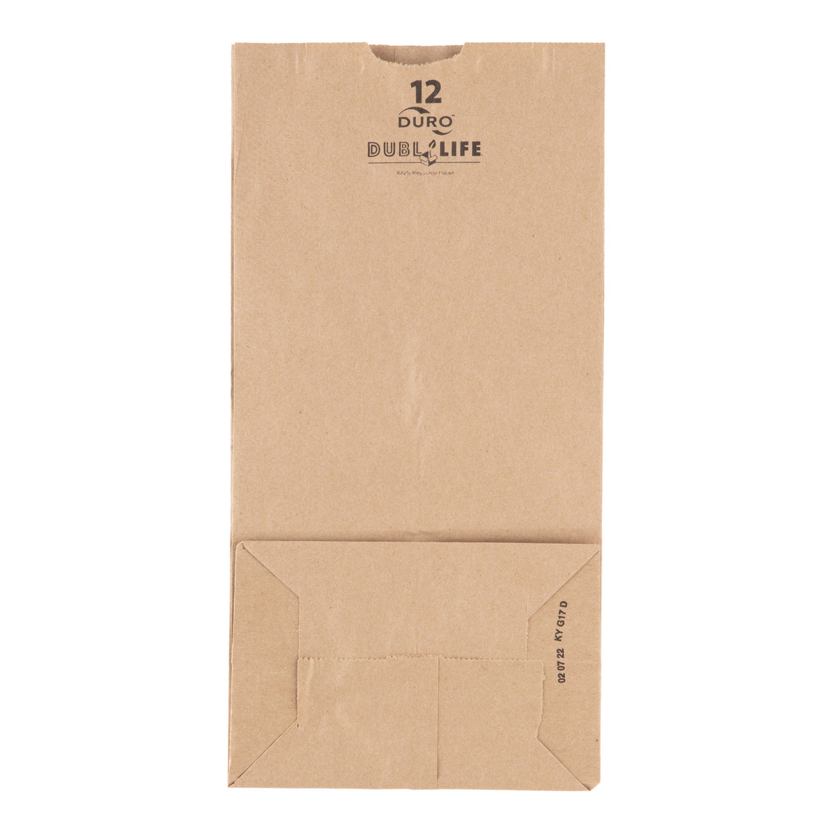 Dubl Life 18412 kraft grocery paper bag showing folded base and Duro branding
