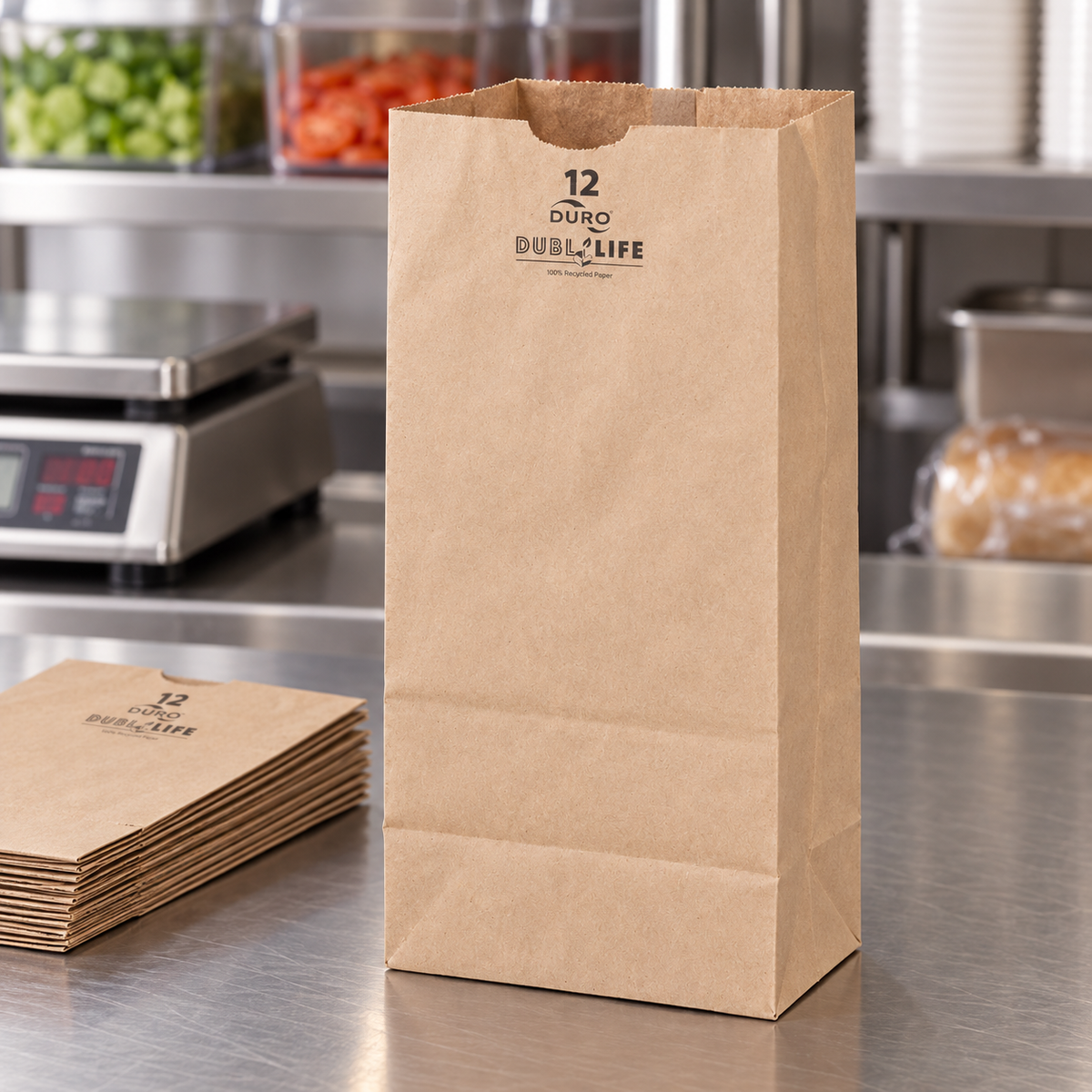 Dubl Life 18412 paper grocery bag at a deli packing station; AI-assisted manufacturer-reference scene