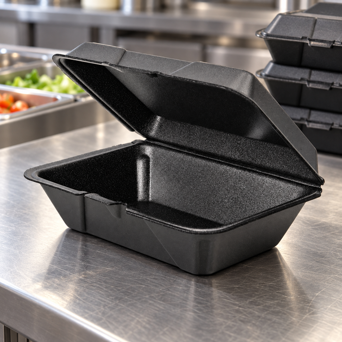 EcoPax 205-Black black foam hinged container on a restaurant packing counter
