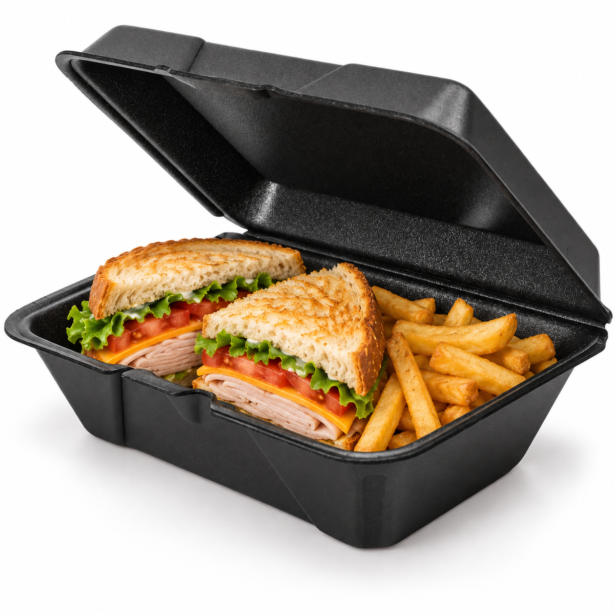 Serving suggestion in an EcoPax 205-Black black foam takeout container with a sandwich and fries
