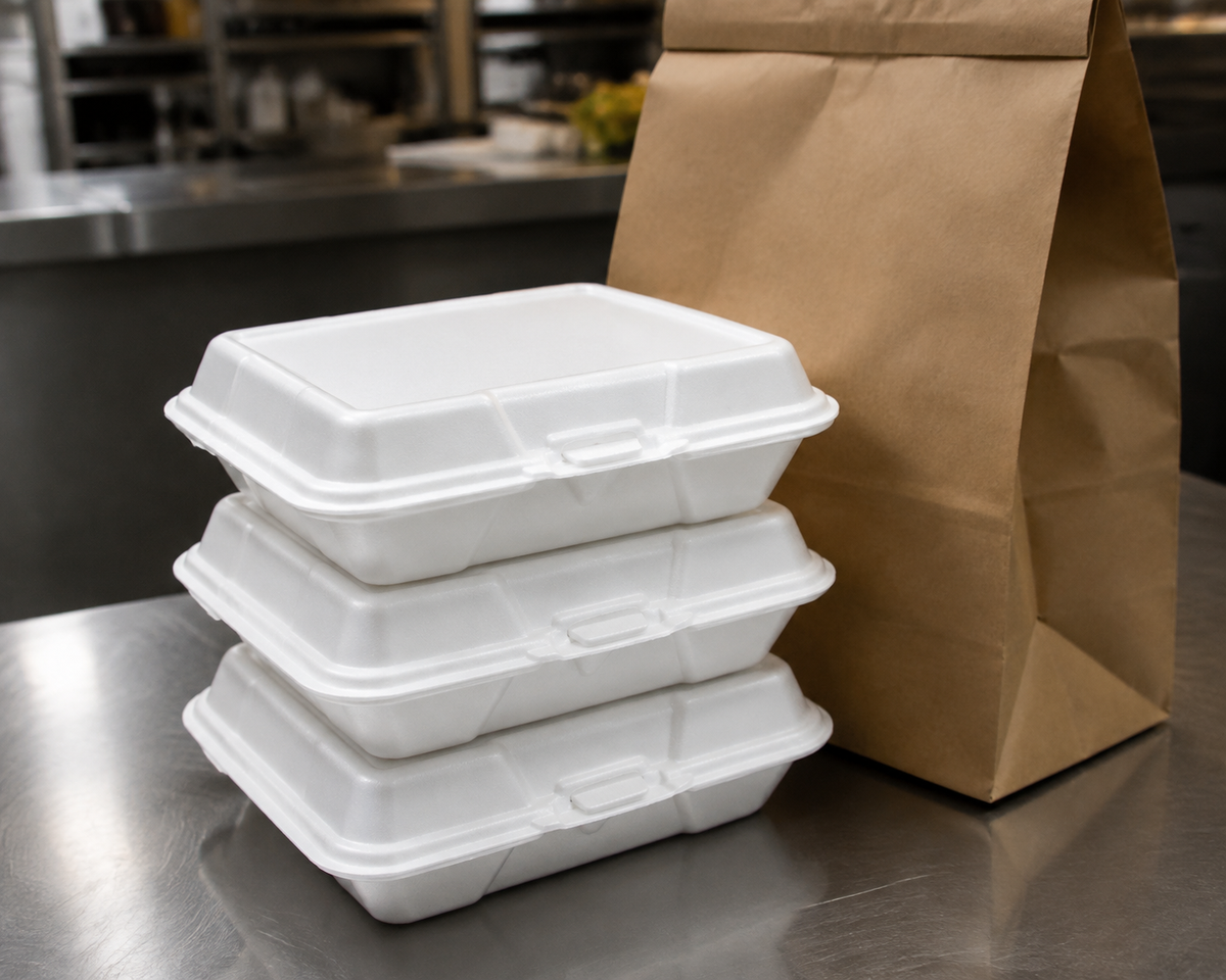 EcoPax 205 white foam containers at a takeout packing station, AI-assisted context