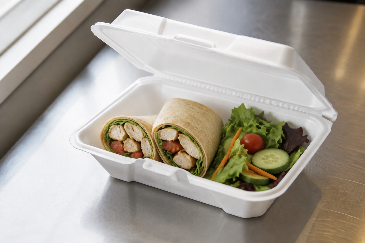 EcoPax 205 white foam container holding a wrap and side salad, AI-assisted serving illustration