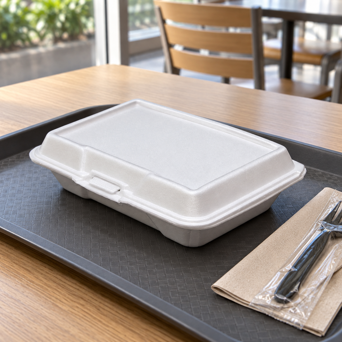 Reference-based cafe illustration of closed EcoPax 206-Ceres foam container; tray and cutlery not included