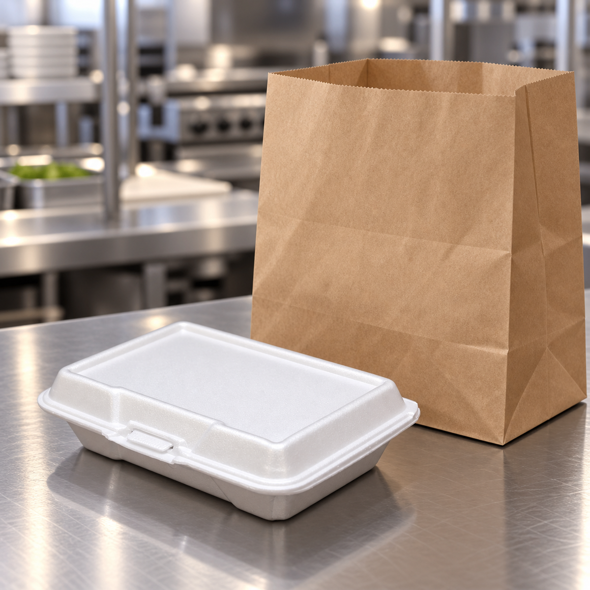 Reference-based takeout-counter illustration of EcoPax 206-Ceres foam container; paper bag not included