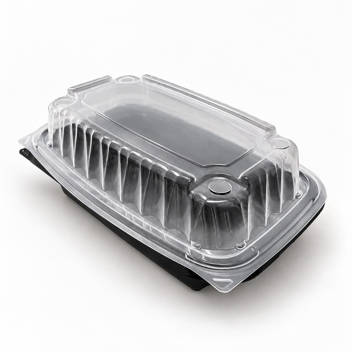 EcoPax PVS205-BK rectangular black PP hinged container with a clear ribbed lid, closed studio view