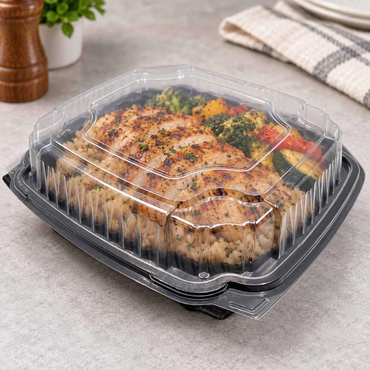 EcoPax PVS991-BK black and clear hinged container showing chicken, rice and vegetables through its closed clear lid