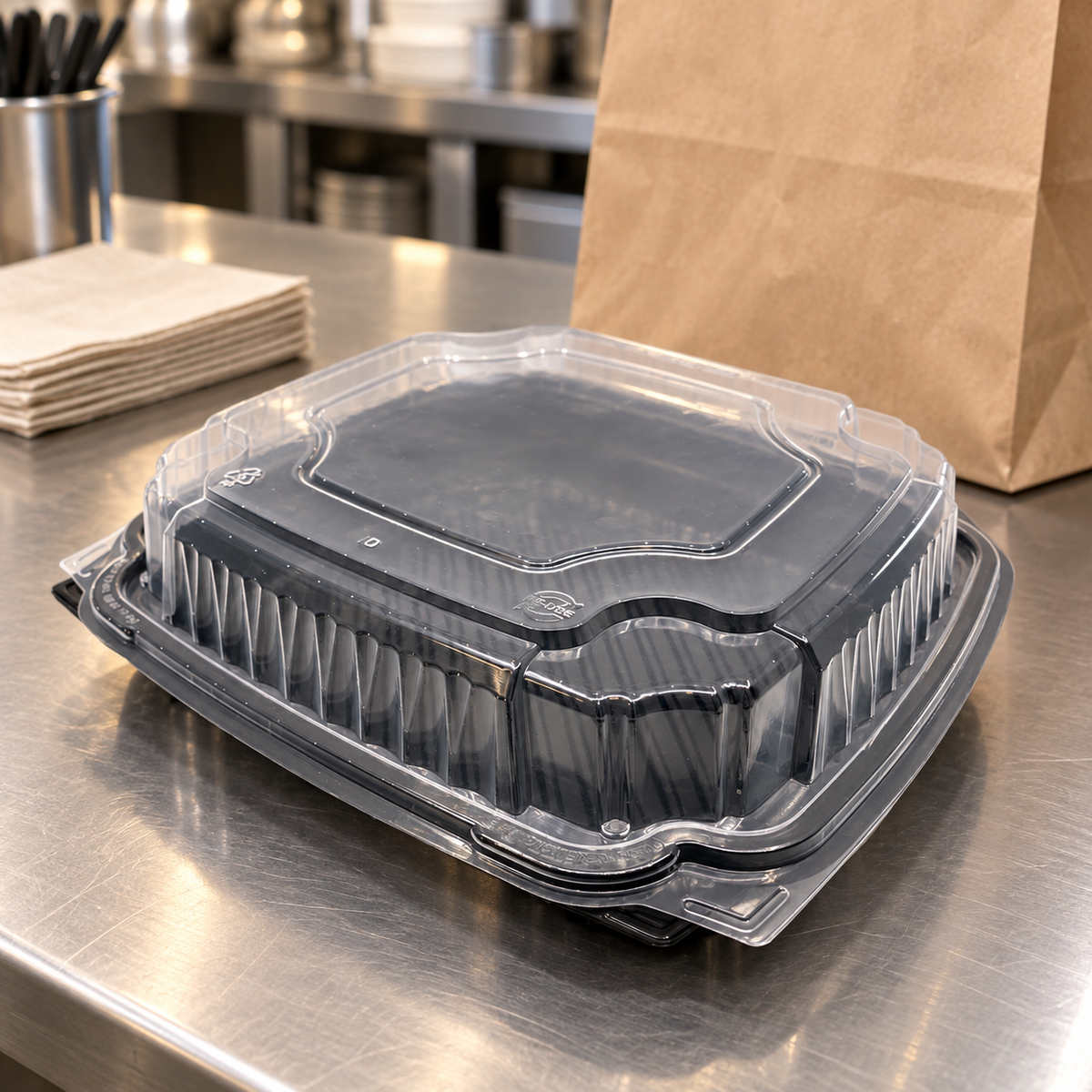 EcoPax PVS991-BK 9 inch hinged takeout container on a restaurant packing counter beside a kraft carryout bag
