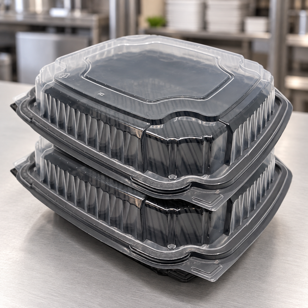 Two EcoPax PVS991-BK black PP takeout containers stacked with their clear hinged lids closed