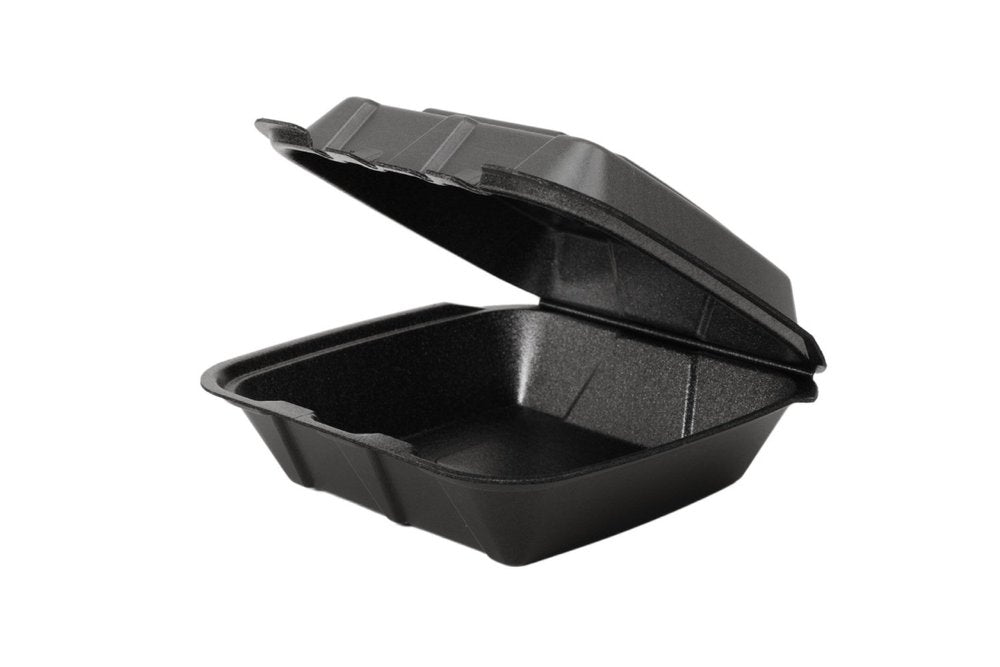 EcoPax RE883S-Black 8 x 8 x 3 inch black foam hinged container showing the open single compartment and attached lid