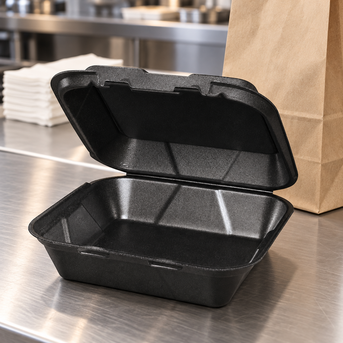 EcoPax RE883S-Black open foam takeout container on a commercial packing counter beside a kraft carryout bag