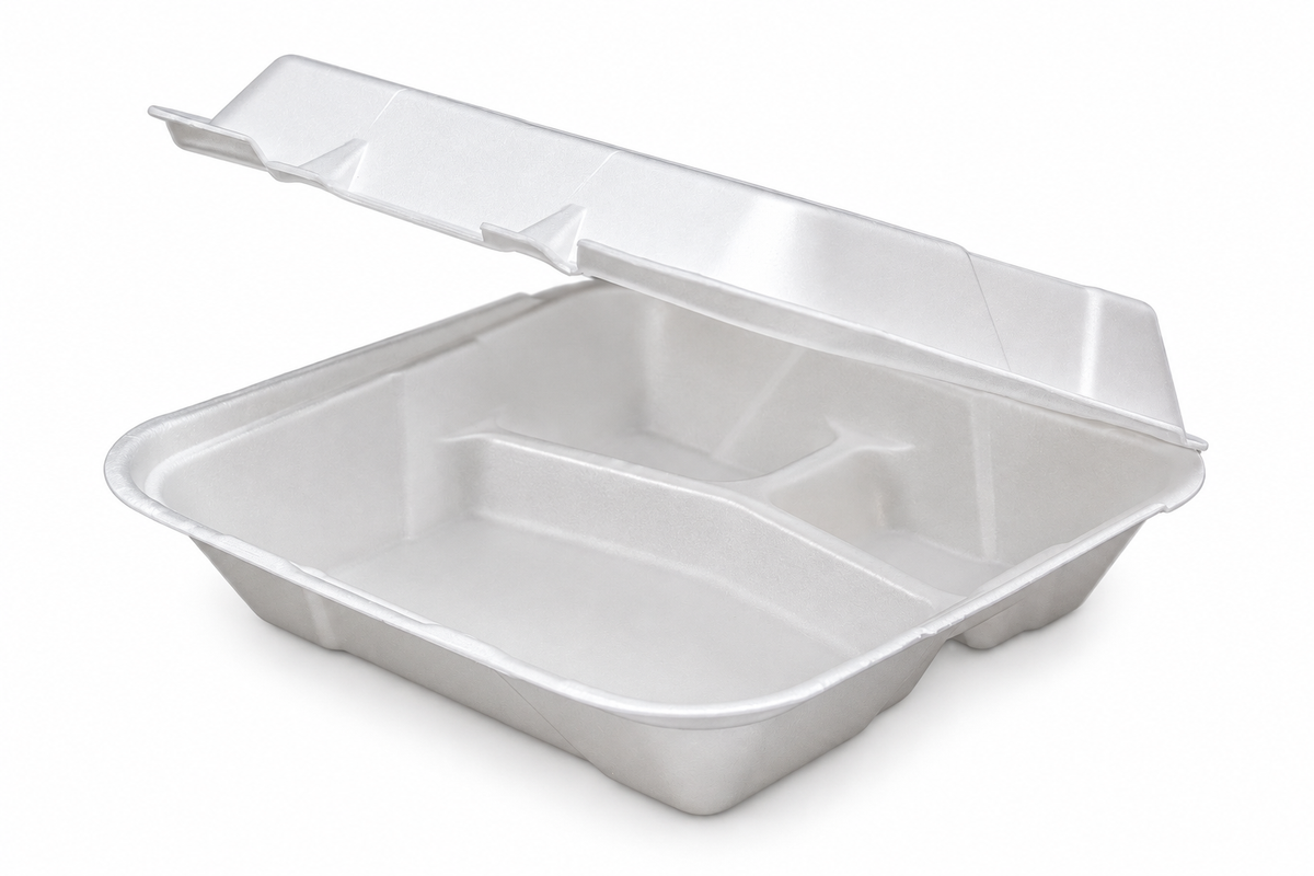 Ecopax RE993 white foam hinged container showing its three-compartment interior
