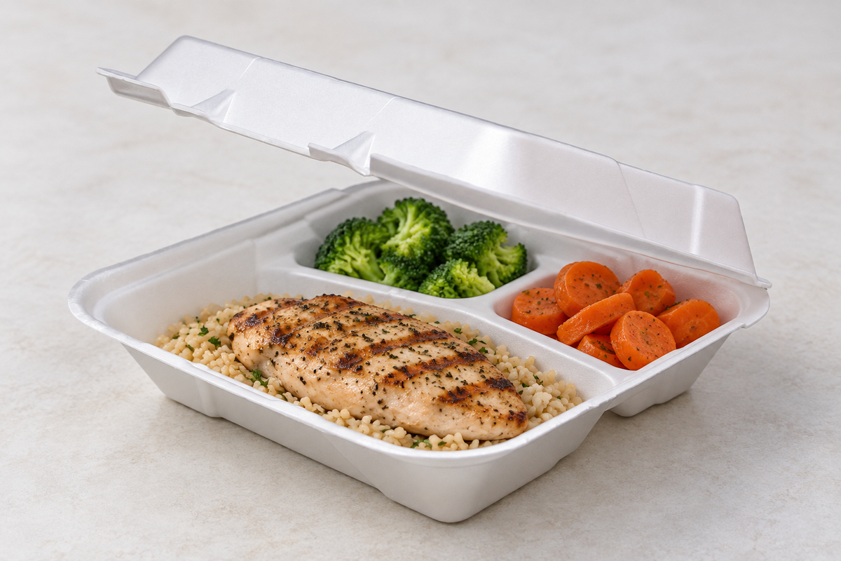 Ecopax RE993 three-compartment white foam takeout container holding an entree and two sides