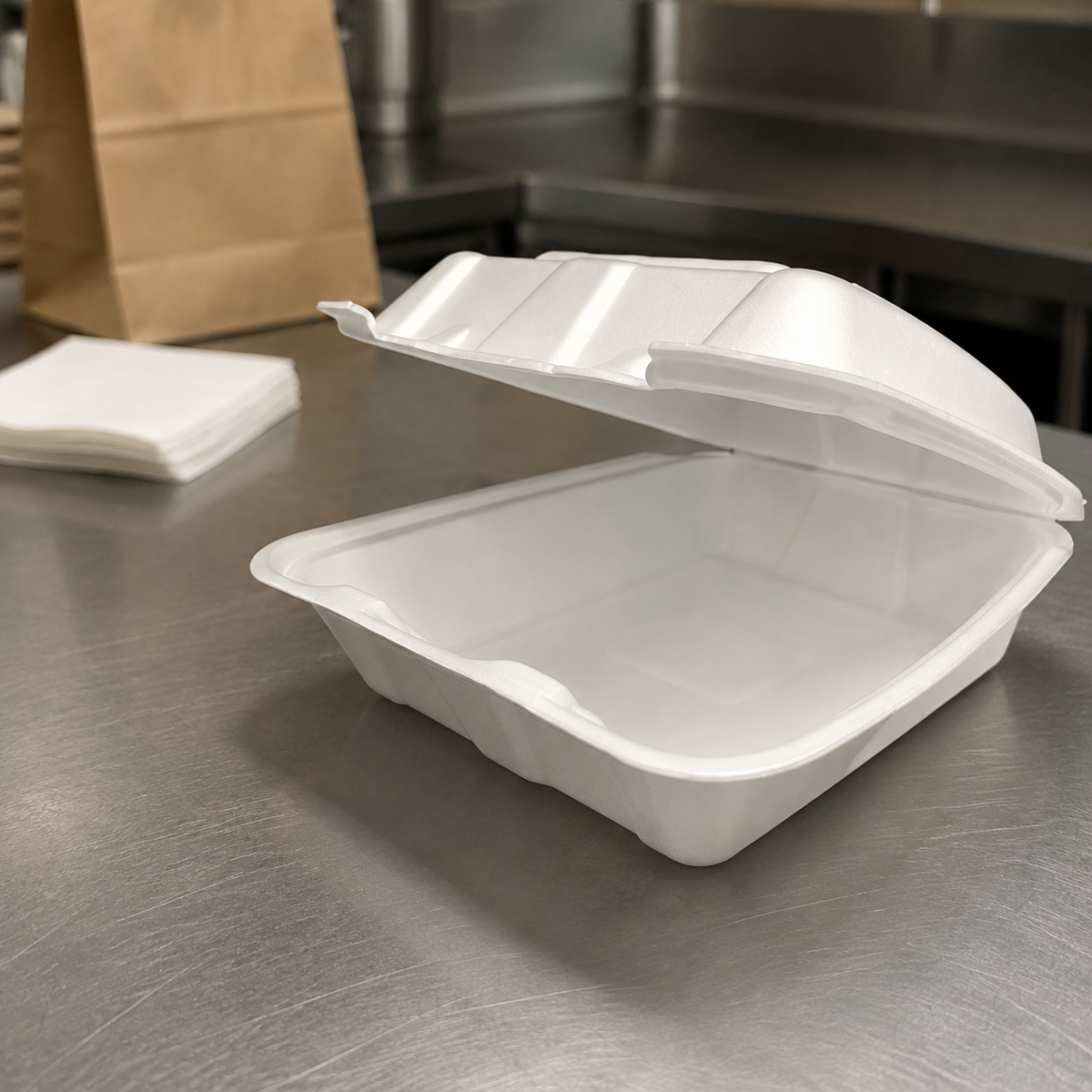 EcoPax Regal RE993S white vented foam container at a restaurant packing station