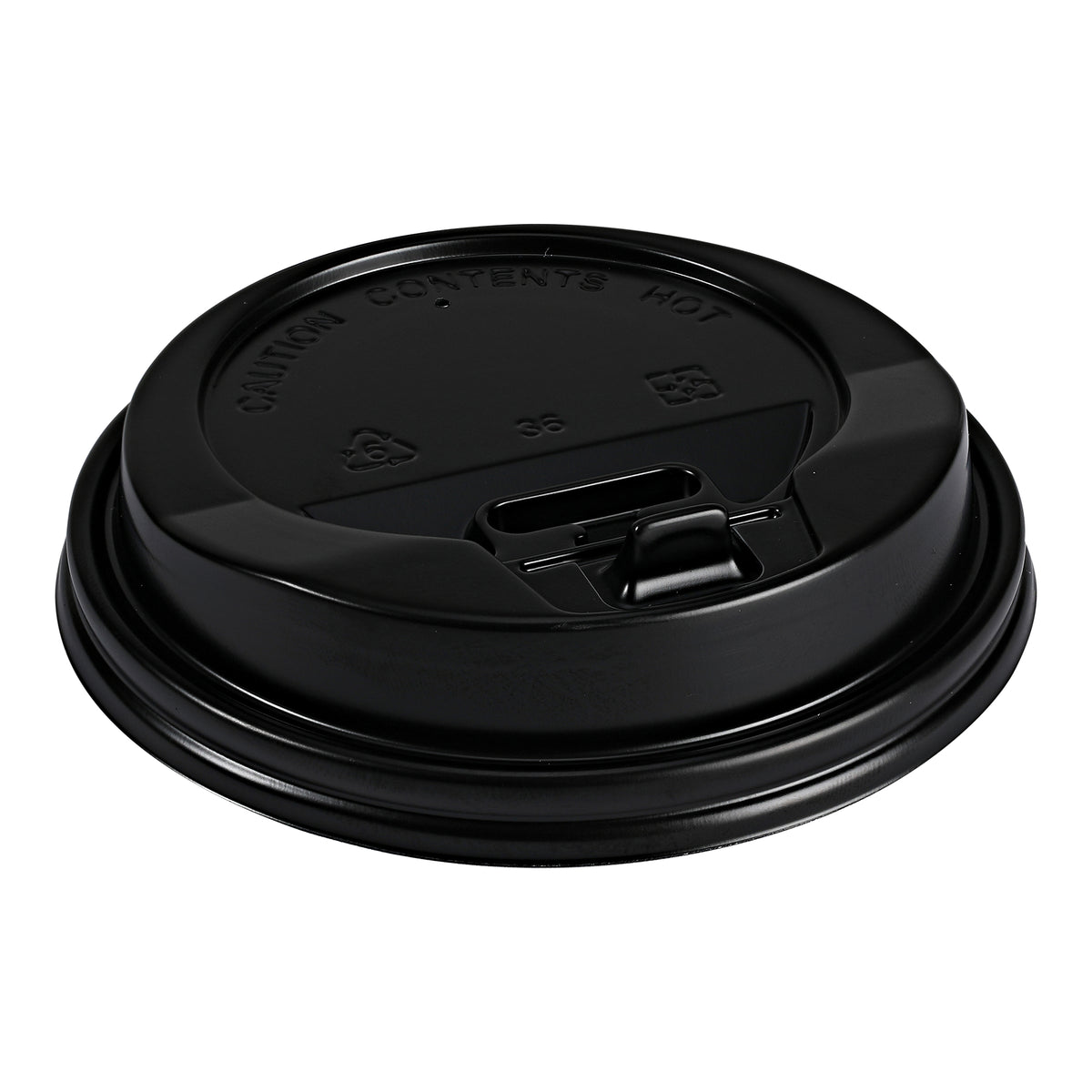 Empress E1020-DLB black 90 mm dome hot cup lid with reclosable drinking tab, manufacturer view