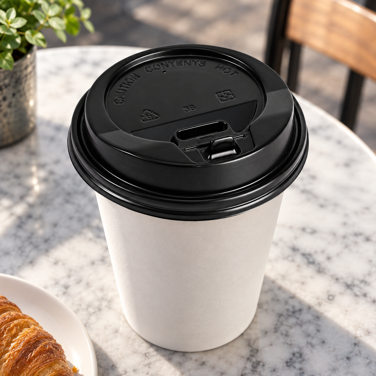 Reference-based cafe illustration of Empress black dome lid on a paper hot cup; cup and props sold separately
