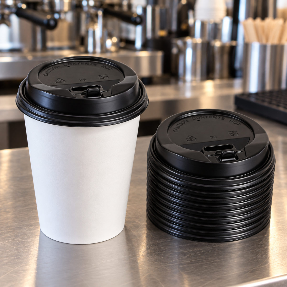 Reference-based coffee-station illustration of Empress E1020-DLB lid and lid stack; cup and equipment not included