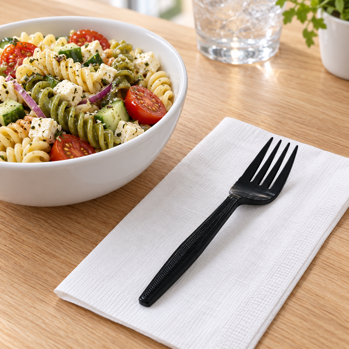 Empress E183001 black PS fork beside a served meal