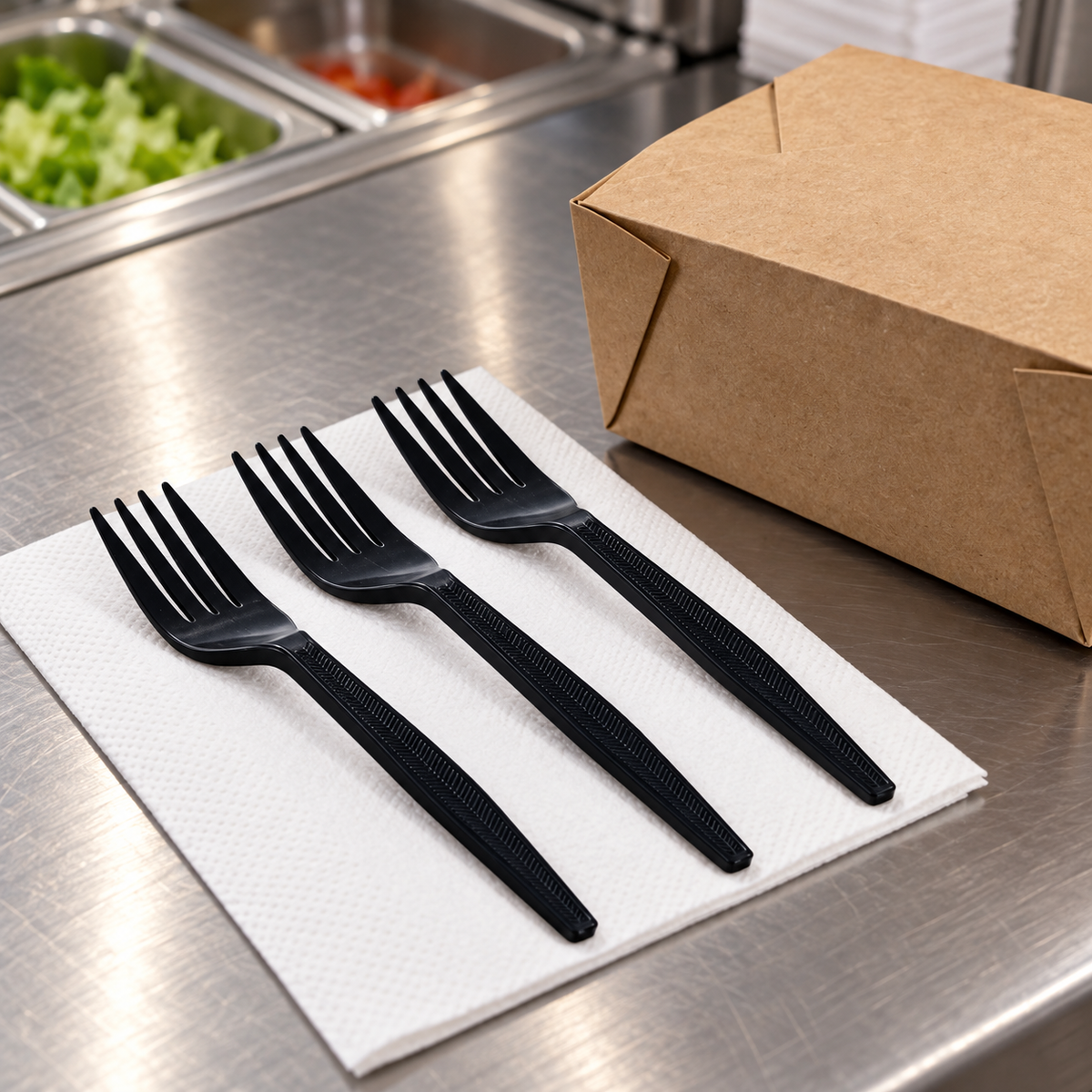 Empress E183001 black PS forks arranged at a takeout preparation counter
