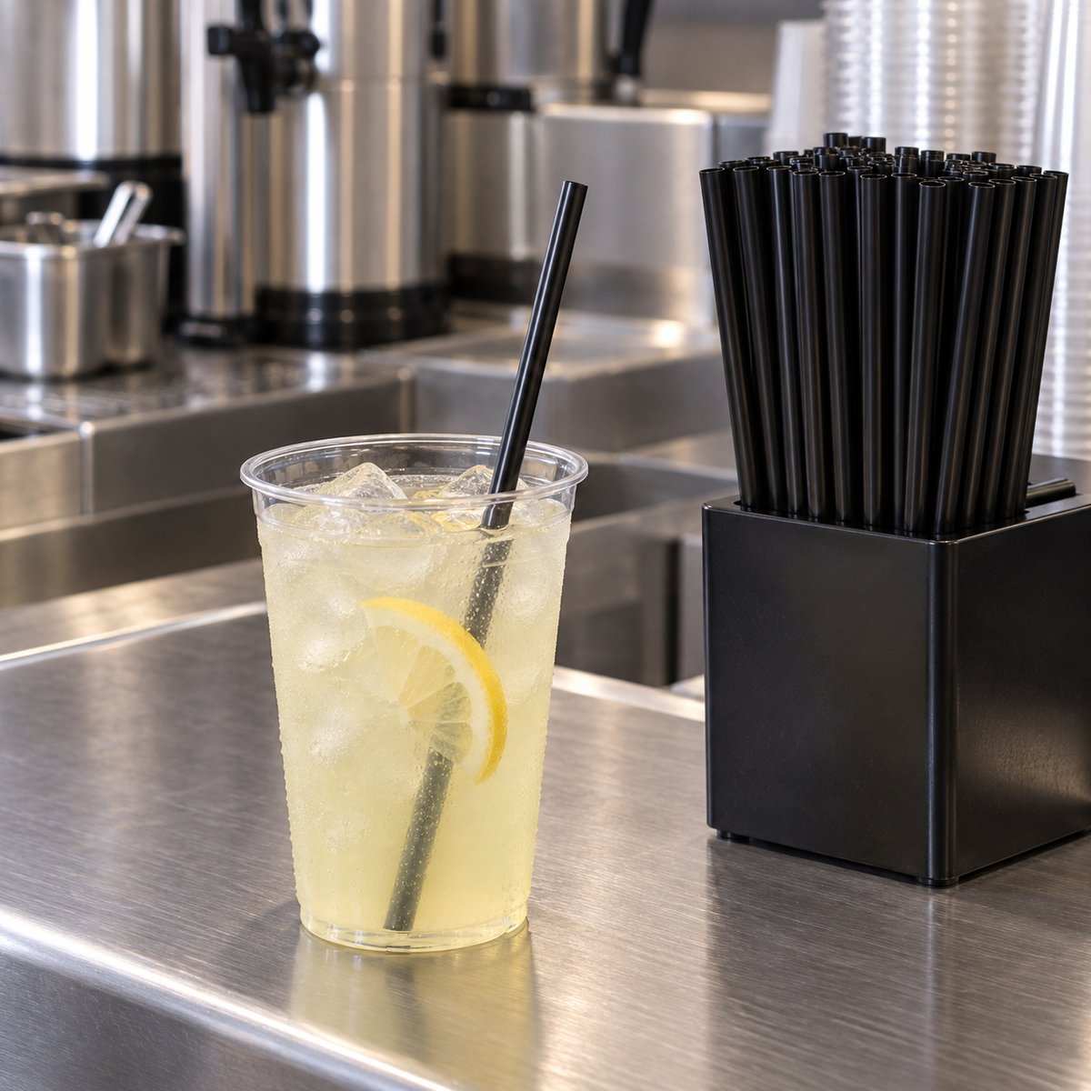Empress E2100BK black jumbo straws at a restaurant beverage counter with lemonade; serving example