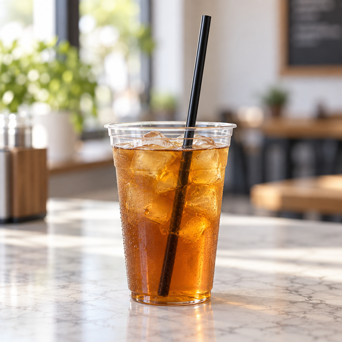 Empress E2100BK black jumbo straw in a cup of iced tea; serving example