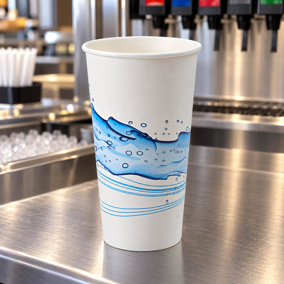 Empress ECC32-P 32 oz Cool Wave paper cold cup at a restaurant beverage station; AI-assisted commercial context