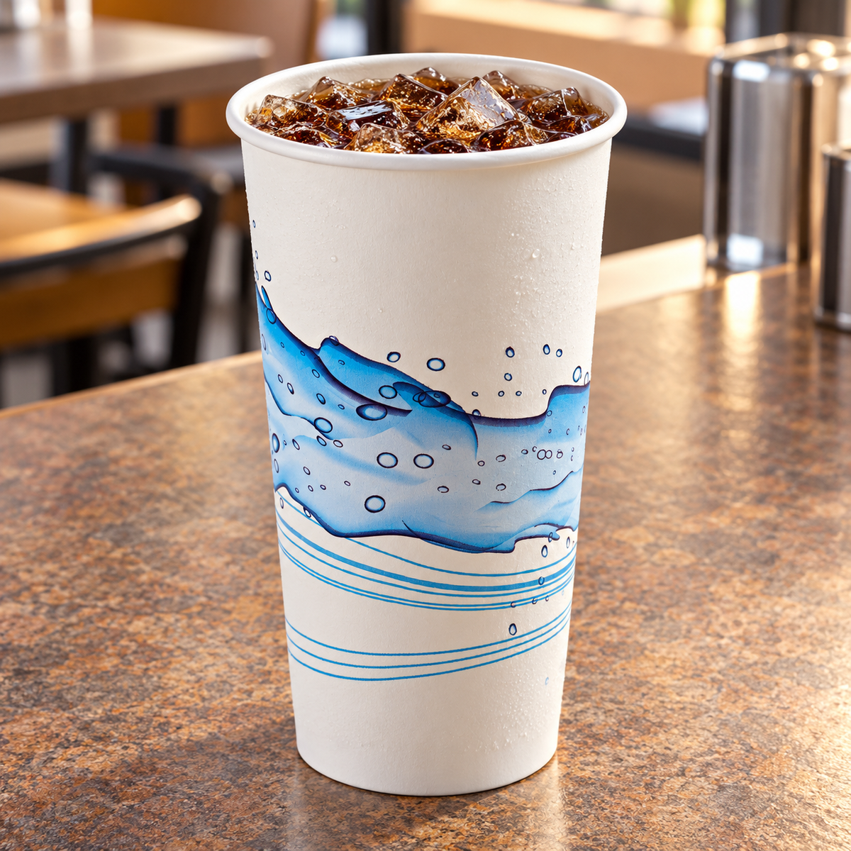 Empress ECC32-P 32 oz Cool Wave paper cold cup with iced cola; AI-assisted serving example, beverage not included