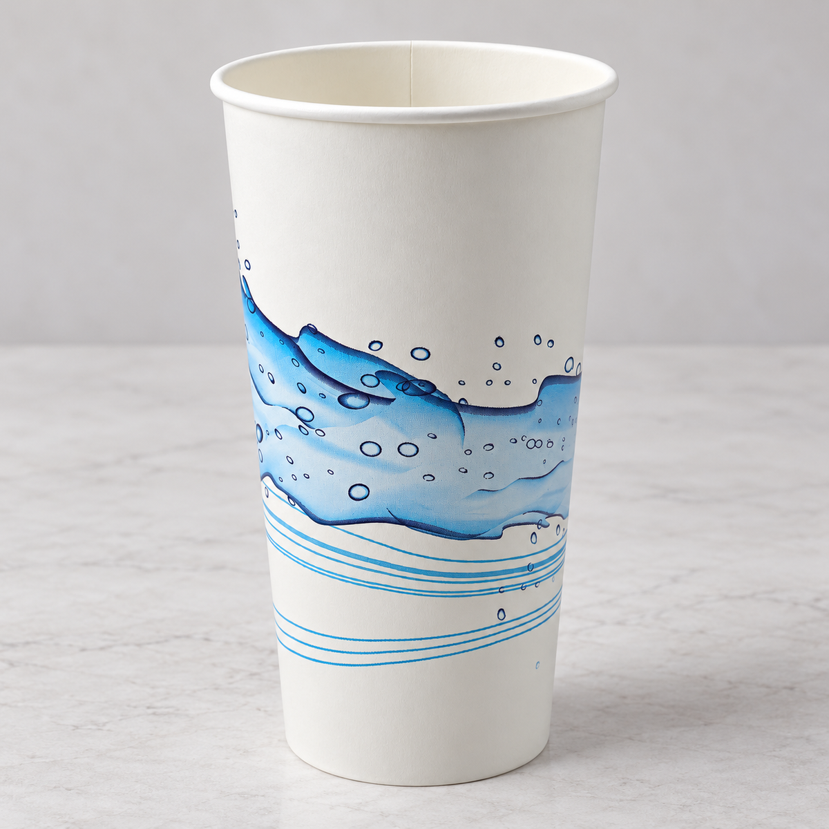 Empress ECC32-P 32 oz Cool Wave paper cold cup showing its rolled rim and white interior; AI-assisted scene