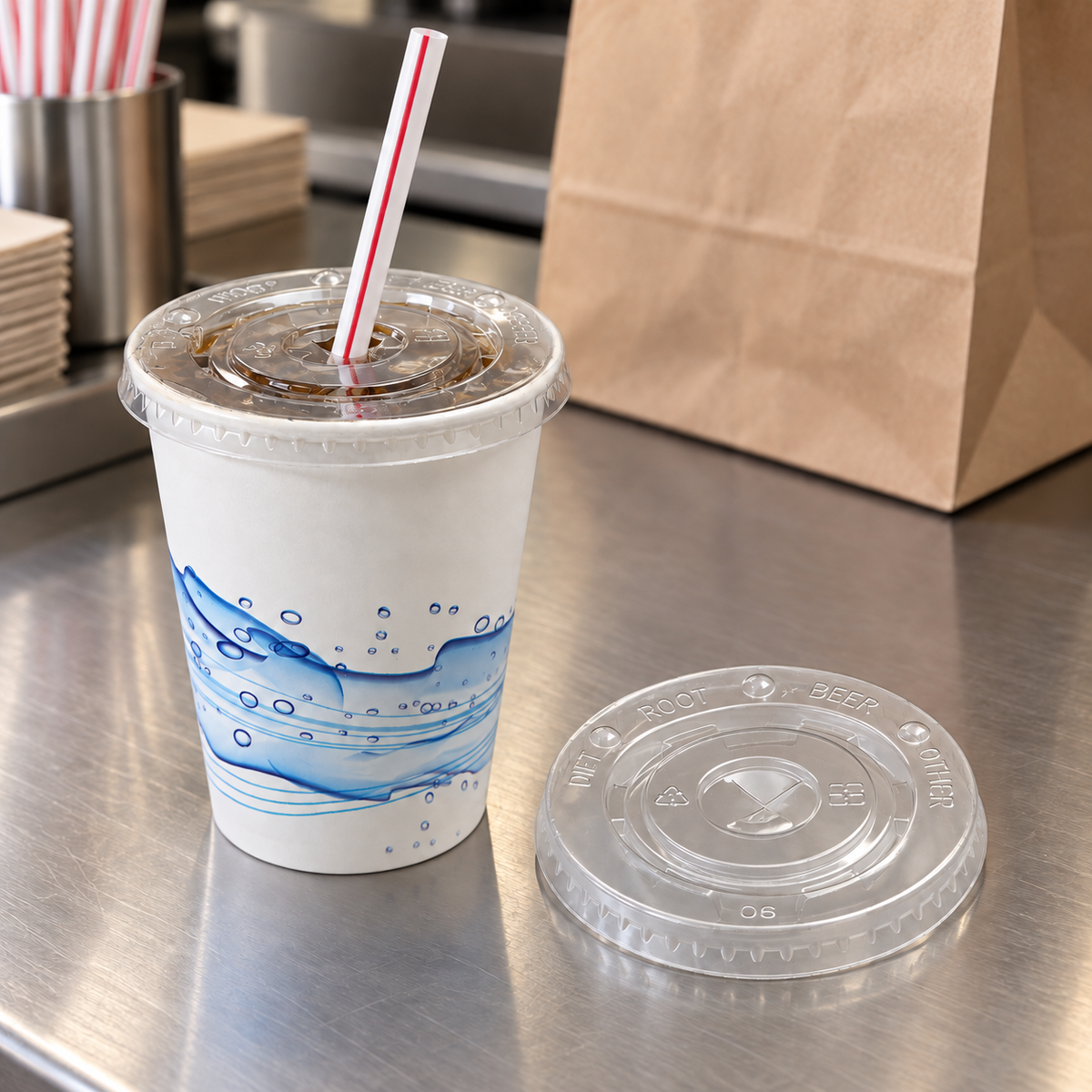 AI-assisted beverage counter scene featuring the referenced Empress ECCFLID-12-22 clear lid; cup, straw and drink not included