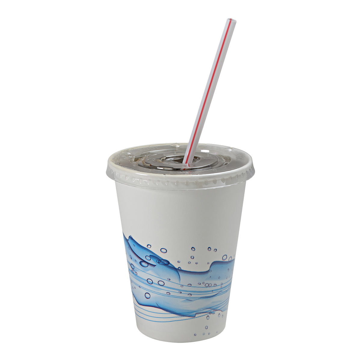 Manufacturer photo of Empress ECCFLID-12-22 lid fitted to a matching paper cold cup; cup and straw sold separately